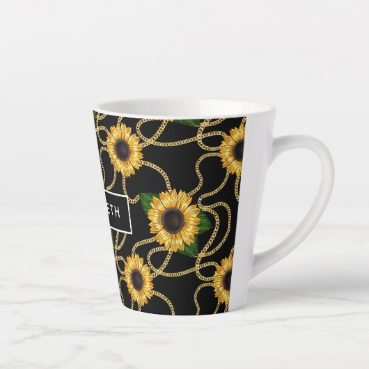 Classy Yellow Sunflower Stijlvol patroon op zwart Latte Mok (Rechts)