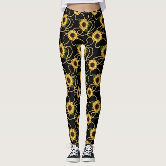 Classy Yellow Sunflower Stijlvol patroon op zwart Leggings (Voorkant)