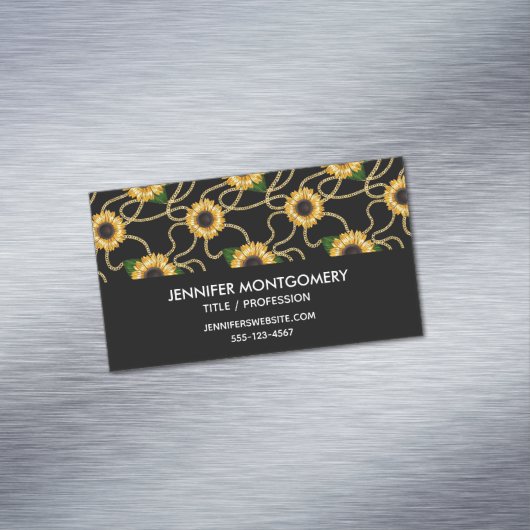 Classy Yellow Sunflower Stijlvol patroon op zwart Magnetisch Visitekaartje (Voorbeeld)