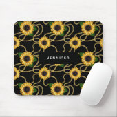 Classy Yellow Sunflower Stijlvol patroon op zwart Muismat (Met muis)