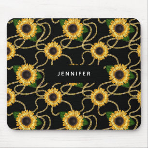 Classy Yellow Sunflower Stijlvol patroon op zwart Muismat