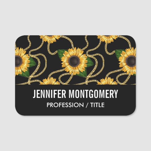 Classy Yellow Sunflower Stijlvol patroon op zwart Naamplaatje (Voorkant)