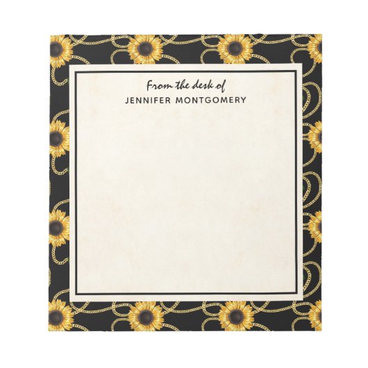Classy Yellow Sunflower Stijlvol patroon op zwart Notitieblok (Voorkant)