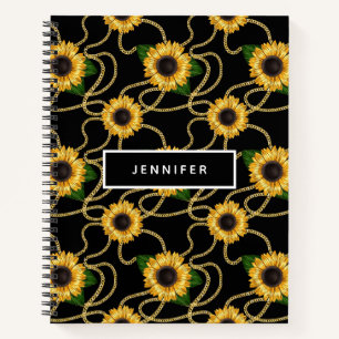 Classy Yellow Sunflower Stijlvol patroon op zwart Notitieboek