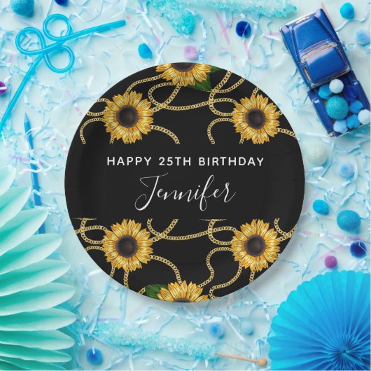 Classy Yellow Sunflower Stijlvol patroon op zwart Papieren Bordje (Feest)