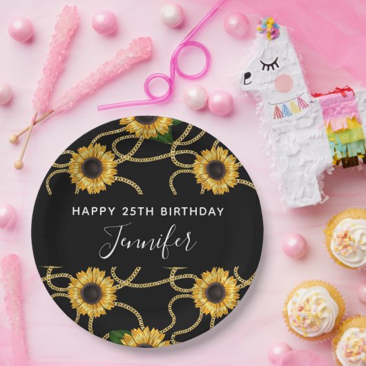 Classy Yellow Sunflower Stijlvol patroon op zwart Papieren Bordje (Feest)
