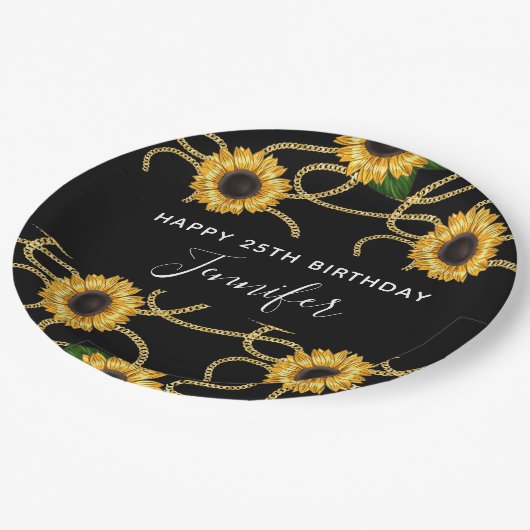 Classy Yellow Sunflower Stijlvol patroon op zwart Papieren Bordje (Gekanteld)