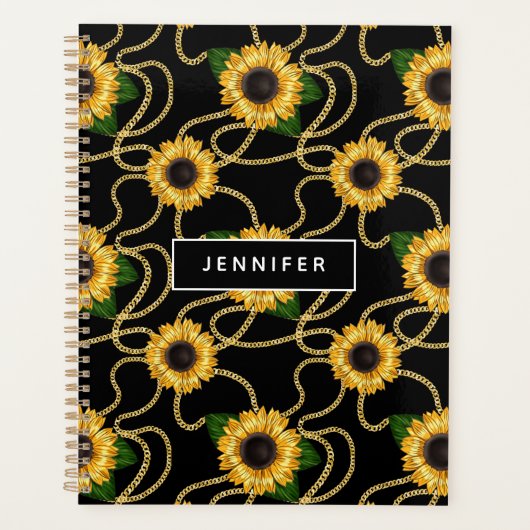 Classy Yellow Sunflower Stijlvol patroon op zwart Planner (Voorkant)