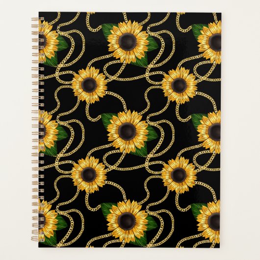 Classy Yellow Sunflower Stijlvol patroon op zwart Planner (Voorkant)
