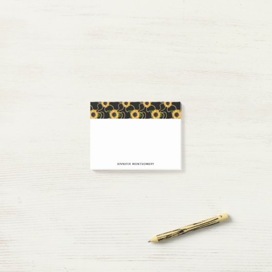 Classy Yellow Sunflower Stijlvol patroon op zwart Post-it® Notes (Op bureau)