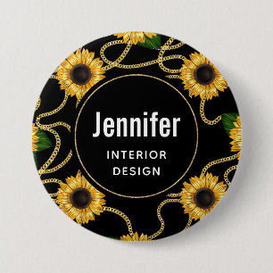 Classy Yellow Sunflower Stijlvol patroon op zwart Ronde Button 7,6 Cm