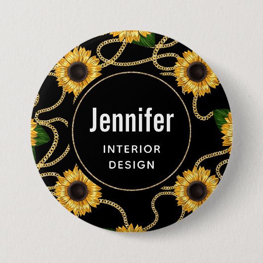 Classy Yellow Sunflower Stijlvol patroon op zwart Ronde Button 7,6 Cm (Voorkant)
