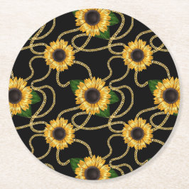 Classy Yellow Sunflower Stijlvol patroon op zwart Ronde Kartonnen Onderzetter