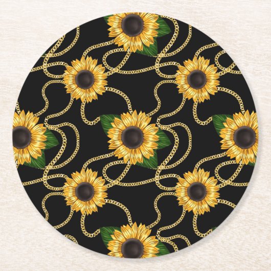 Classy Yellow Sunflower Stijlvol patroon op zwart Ronde Kartonnen Onderzetter (Voorkant)