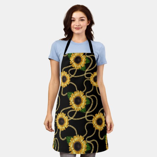 Classy Yellow Sunflower Stijlvol patroon op zwart Schort (Gedragen)