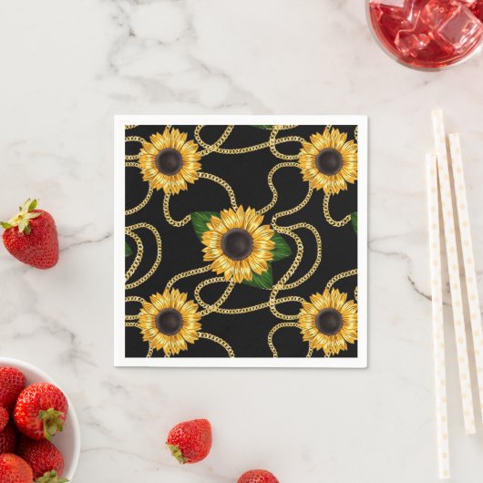 Classy Yellow Sunflower Stijlvol patroon op zwart Servet (Insitu)