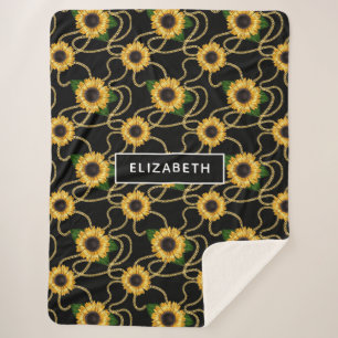 Classy Yellow Sunflower Stijlvol patroon op zwart Sherpa Deken