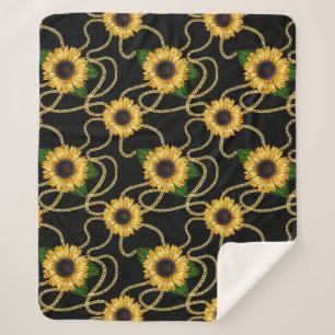 Classy Yellow Sunflower Stijlvol patroon op zwart Sherpa Deken