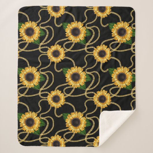 Classy Yellow Sunflower Stijlvol patroon op zwart Sherpa Deken (Voorkant)
