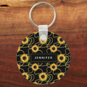 Classy Yellow Sunflower Stijlvol patroon op zwart Sleutelhanger (Voorkant)