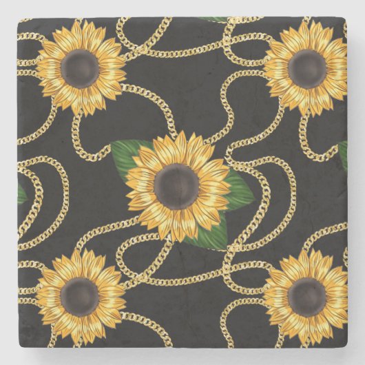 Classy Yellow Sunflower Stijlvol patroon op zwart Stenen Onderzetter (Voorkant)