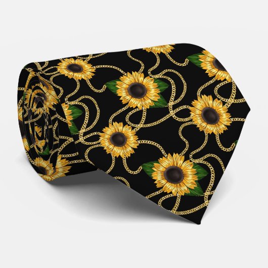 Classy Yellow Sunflower Stijlvol patroon op zwart Stropdas (Opgerold)