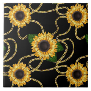 Classy Yellow Sunflower Stijlvol patroon op zwart Tegeltje
