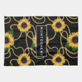Classy Yellow Sunflower Stijlvol patroon op zwart Theedoek (Horizontaal)