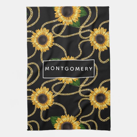 Classy Yellow Sunflower Stijlvol patroon op zwart Theedoek (Verticaal)