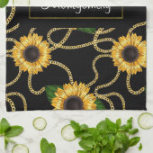 Classy Yellow Sunflower Stijlvol patroon op zwart Theedoek (Gevouwen)