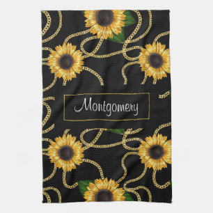 Classy Yellow Sunflower Stijlvol patroon op zwart Theedoek