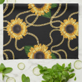 Classy Yellow Sunflower Stijlvol patroon op zwart Theedoek (Gevouwen)