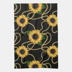 Classy Yellow Sunflower Stijlvol patroon op zwart Theedoek