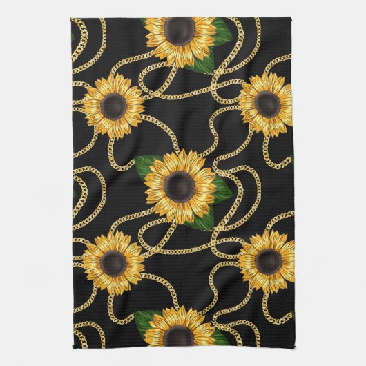Classy Yellow Sunflower Stijlvol patroon op zwart Theedoek (Verticaal)