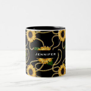 Classy Yellow Sunflower Stijlvol patroon op zwart Tweekleurige Koffiemok