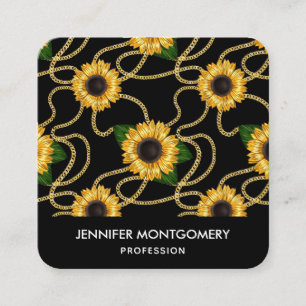Classy Yellow Sunflower Stijlvol patroon op zwart Vierkante Visitekaartje