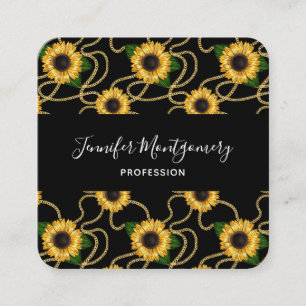 Classy Yellow Sunflower Stijlvol patroon op zwart Vierkante Visitekaartje
