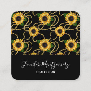 Classy Yellow Sunflower Stijlvol patroon op zwart Vierkante Visitekaartje