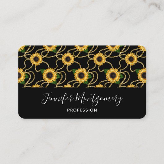 Classy Yellow Sunflower Stijlvol patroon op zwart Visitekaartje (Voorkant)