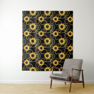 Classy Yellow Sunflower Stijlvol patroon op zwart Wandkleed