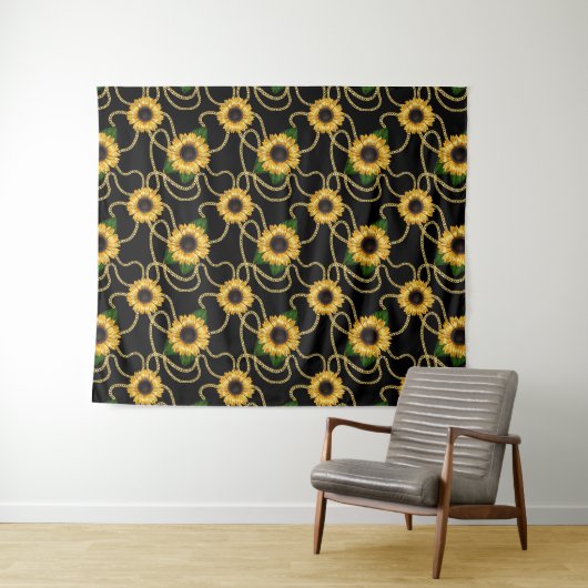Classy Yellow Sunflower Stijlvol patroon op zwart Wandkleed (In Situ (horizontaal))