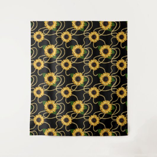 Classy Yellow Sunflower Stijlvol patroon op zwart Wandkleed (Voorkant)