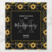 Classy Yellow Sunflower Stijlvol patroon op zwart Wijn Etiket (Enkel label)