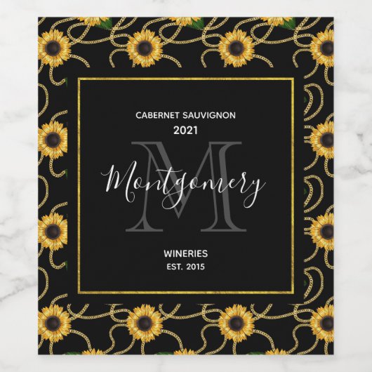 Classy Yellow Sunflower Stijlvol patroon op zwart Wijn Etiket (Enkel label)