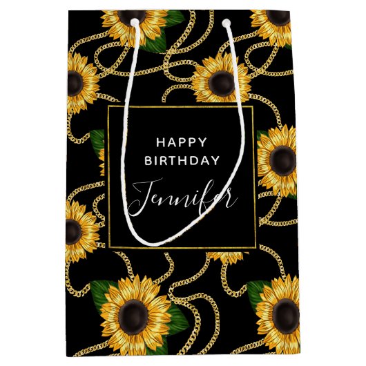 Classy Yellow Sunflower Stylish Pattern Birthday Medium Cadeauzakje (Voorkant)