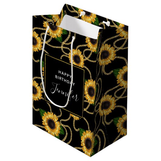 Classy Yellow Sunflower Stylish Pattern Birthday Medium Cadeauzakje (Voorkant Gekanteld)