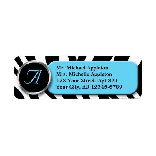 Classy Zebra Print Aqua Monogram Adresetiketten Etiket (Voorkant)