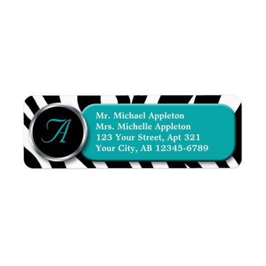Classy Zebra Print Blauwgroen monogram Adresetiket Etiket (Voorkant)