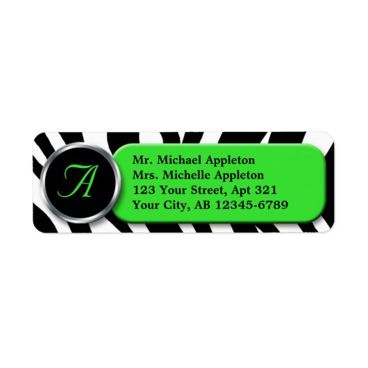 Classy Zebra Print Limoen Monogram Adresetiketten Etiket (Voorkant)