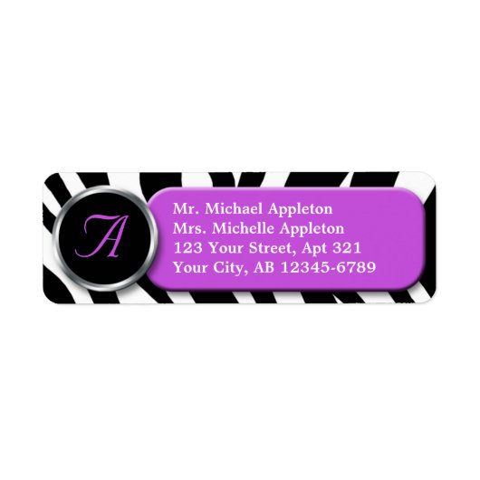Classy Zebra Print Paarse monogram Adresetiketten Etiket (Voorkant)